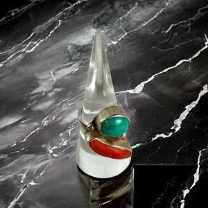 Vtg 1950s Navajo Chief Juan Yellowhorse Sterling Turquoise & Coral Ring Size 5